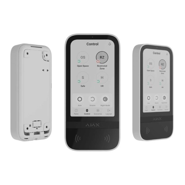 Alarme maison sans fil : boîtier central et deux télécommandes/écrans tactiles, design blanc et noir, dispositif de sécurité sans fil.