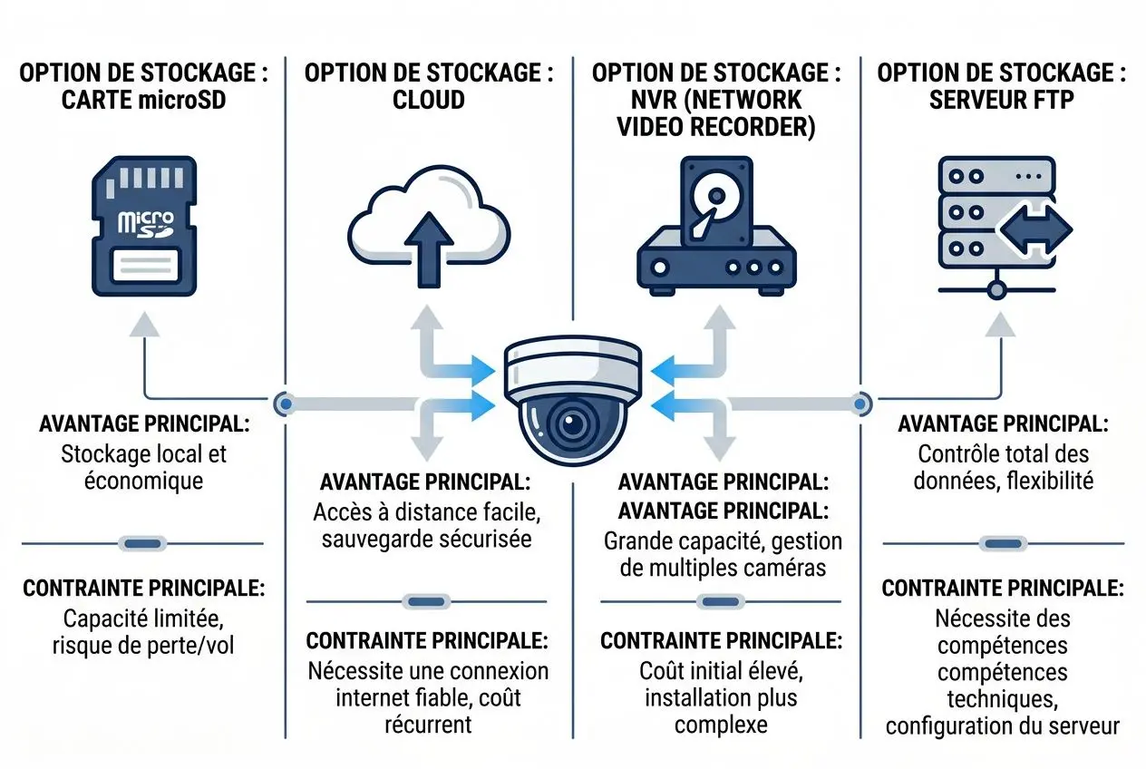 Caméra de surveillance extérieure avec enregistrement illustrant les options de stockage et les avantages pour NVR, cloud, carte microSD et FTP.