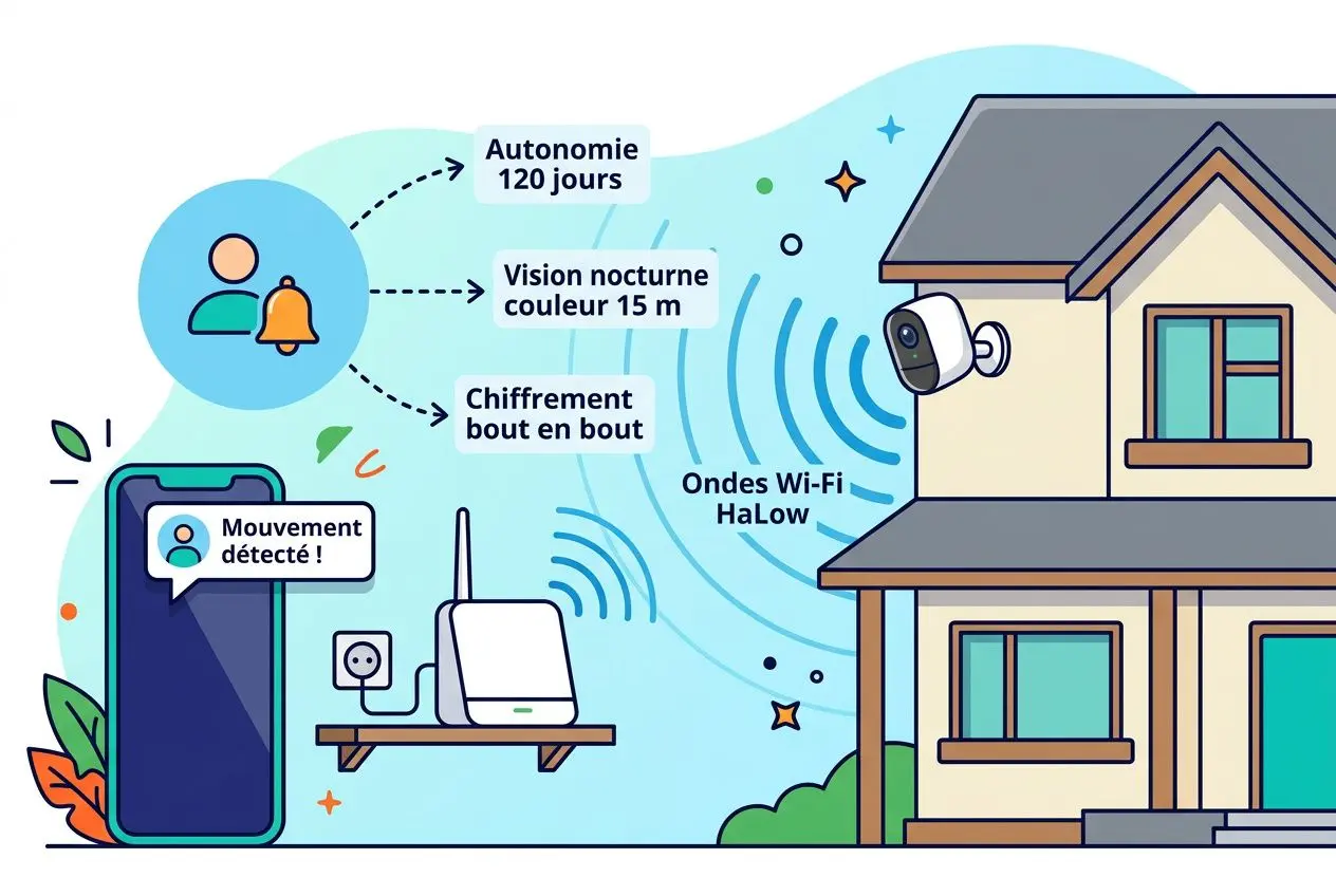 Caméra de surveillance extérieure avec enregistrement illustrée lisant les ondes HaLow, capteur sur le mur et smartphone recevant alertes.