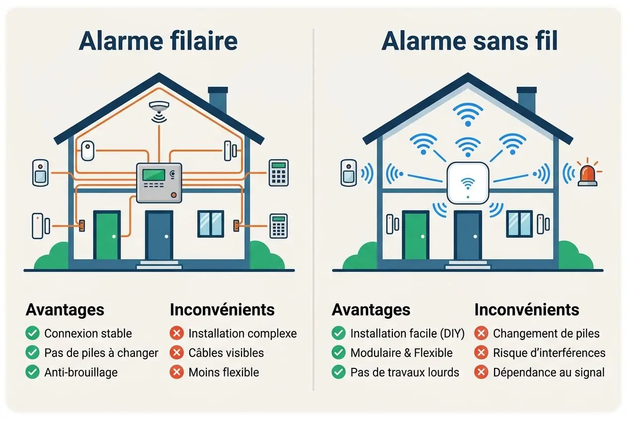 Comparatif visuel : Alarme filaire et Alarme sans fil dans une maison; composants, avantages et inconvénients affichés.