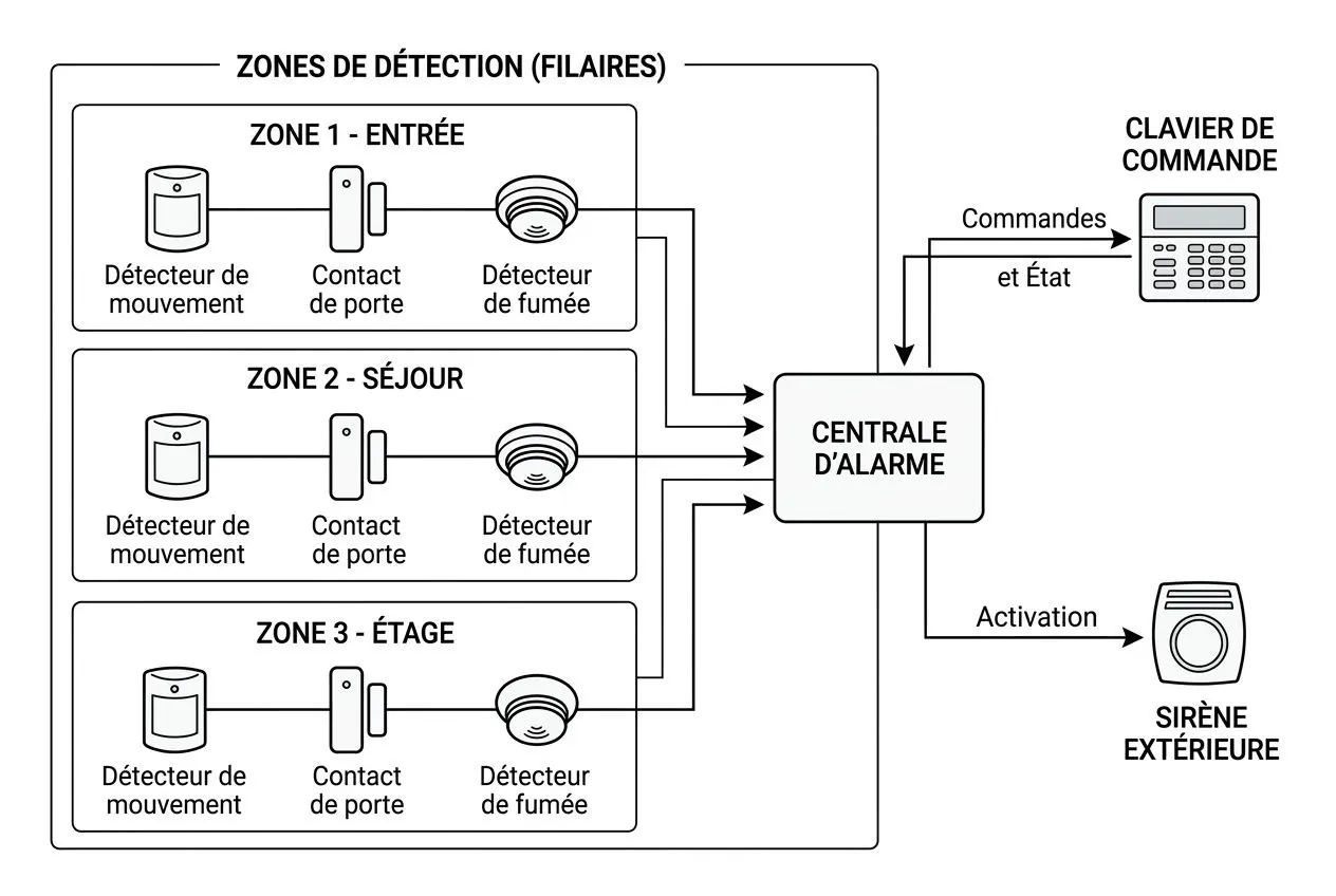 Schéma d’un système d’alarme filaire maison avec zones de détection (entrée, séjour, étage), détecteurs de mouvement, contacts de porte et détecteurs de fumée reliés à une centrale d’alarme, clavier et sirène extérieure.