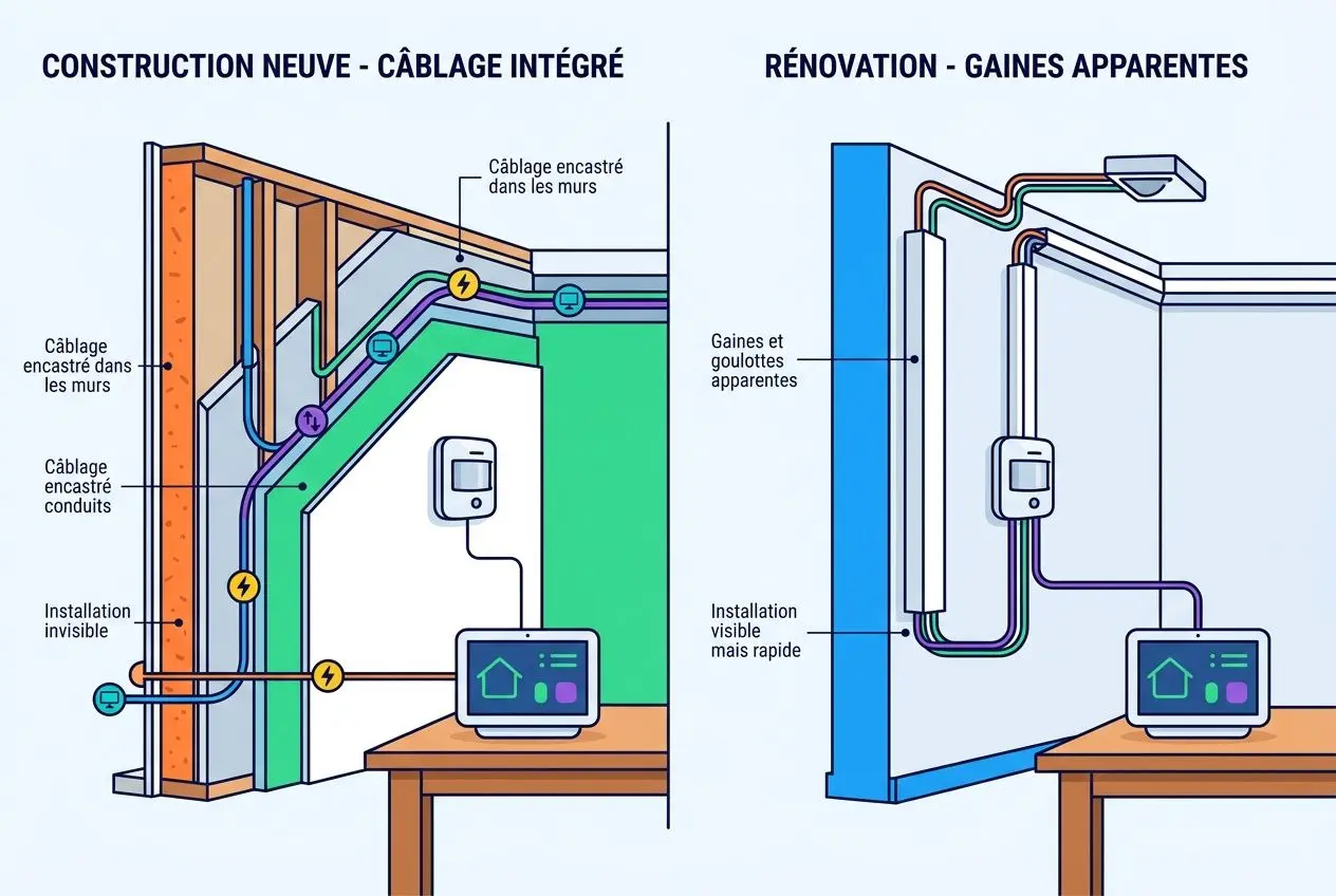 Schéma pédagogique montrant une installation d’alarme: câblage encastré dans les murs et boîtier de contrôle relié à un serveur mur, avec des bornes colorées et un écran, illustrant l’alarme filaire maison.
