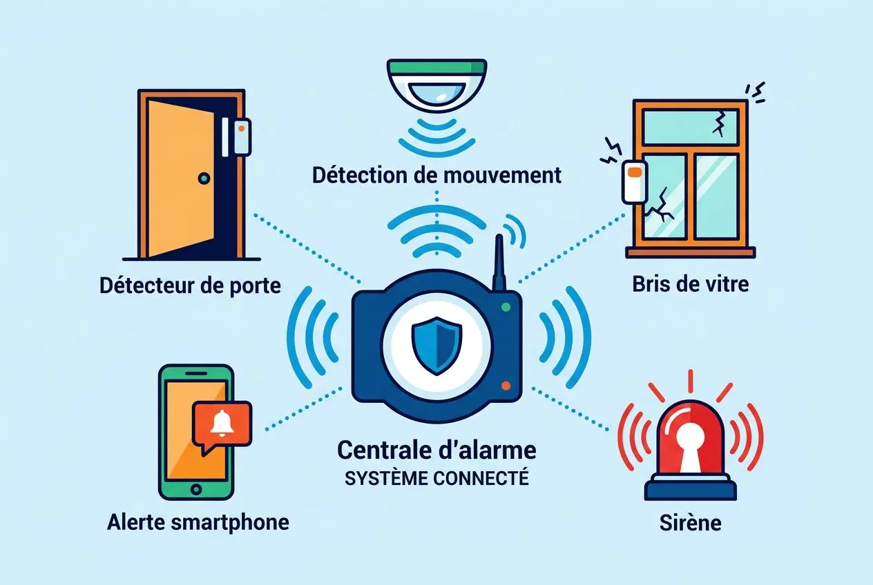 Centre d’alarme connecté avec détecteur de porte, détection de mouvement, bris de vitre, alerte smartphone et sirène, image pédagogique. Les alarmes dissuadent-elles les cambrioleurs.