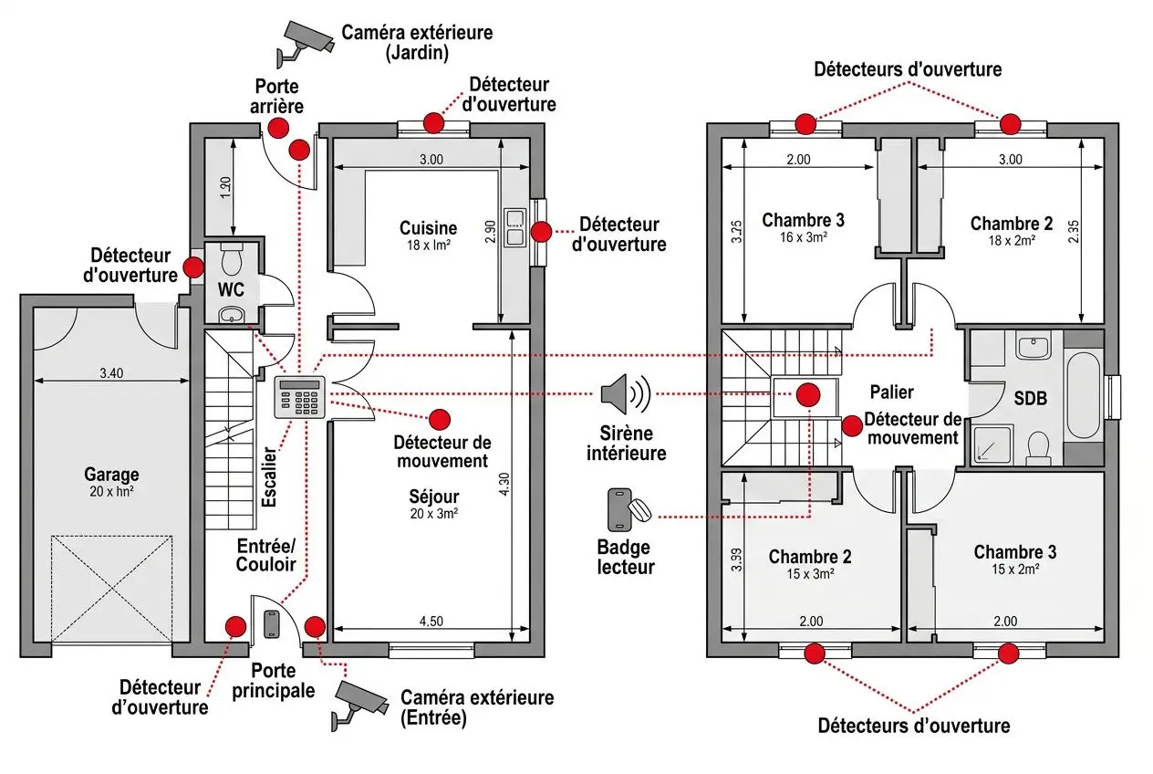Plan d'installation d'un système de télésurveillance maison avec capteurs, caméras et détecteurs reliés à une centrale et alarme. Alt: schéma d'une maison sur deux niveaux montrant détecteurs d'ouverture, détecteurs de mouvement, caméras extérieures, badge lecteur et sirène intérieure, prêt pour un abonnement de télésurveillance maison.