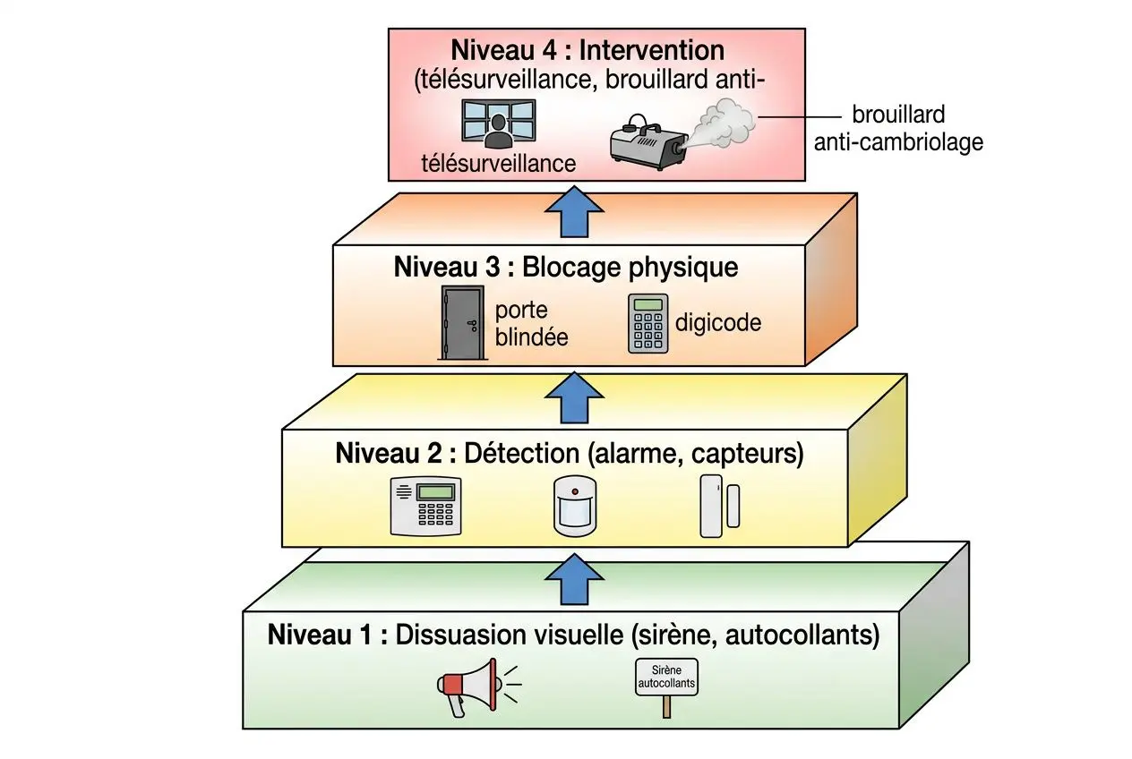 Schéma illustrant une alarme anti-cambriolage à niveaux: dissuasion visuelle, détection, blocage physique et télésurveillance, démontrant l’efficacité des alarmes dissuadent-elles les cambrioleurs.